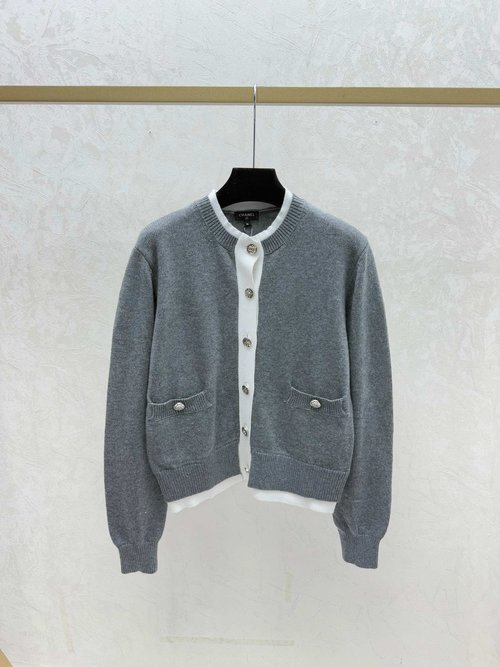 Chanel Contrast Color Round Neck Knit Long Sleeve Cardigan in White, Gray & Black
