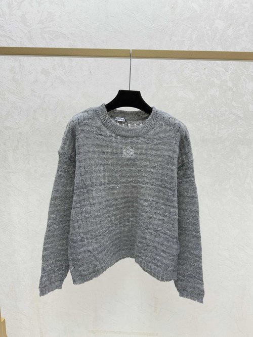 Loewe White & Gray Solid Color Hollow Beaded Round Neck Knit Long Sleeve