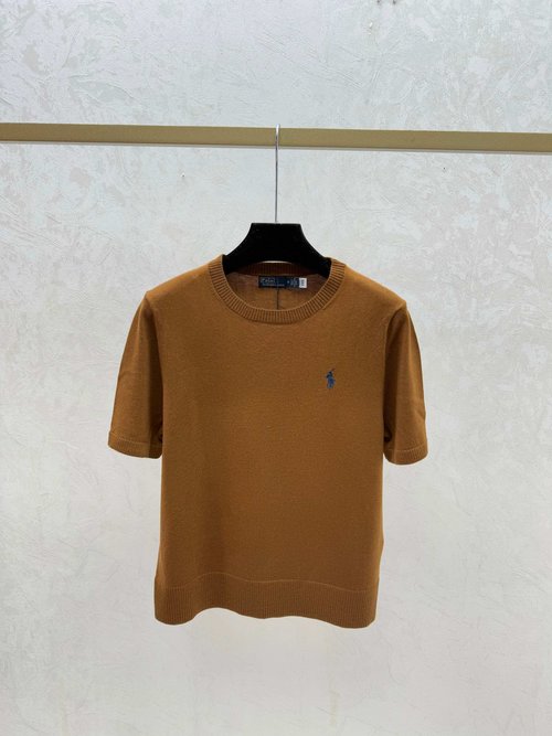 Polo Ralph Lauren White, Coffee & Black Simple Round Neck Knit Short Sleeve Top