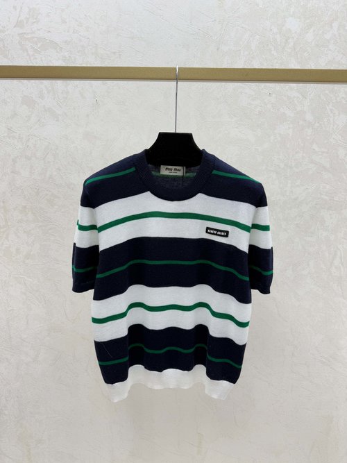 Miu Miu Red and Green Color-Blocked Stripe Knit Short-Sleeve