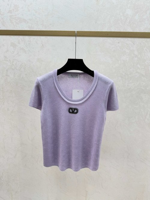 Valentino Apricot, Purple and Gray Solid Color Round Neck Knit Top