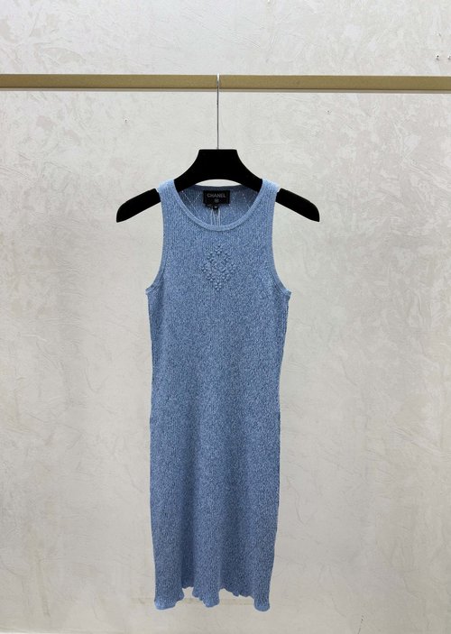 Chanel Solid Color Rhombus Hollow Round-neck Knitted Vest Dress