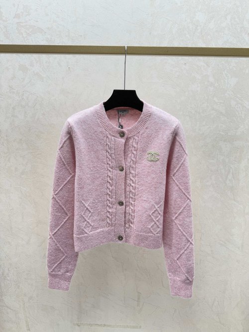 Chanel Solid-color Simple Round-neck Knitted Long Sleeve Cardigan in White, Pink & Grey