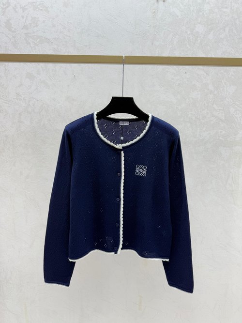 Loewe Red & Navy Blue Color-blocked Lace Hollow Knitted Cardigan