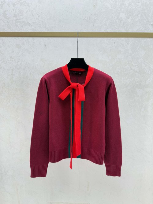 Gucci Color Block Bow Tie Round Neck Knit Long Sleeve