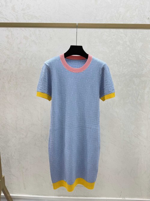 Fendi Color-Blocked Floral Letter Round-Neck Short-Sleeved Dress in Pink & Blue