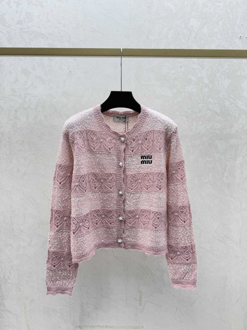 Miu Miu Apricot & Pink Contrast-Color Hollowed Round-Neck Knit Cardigan