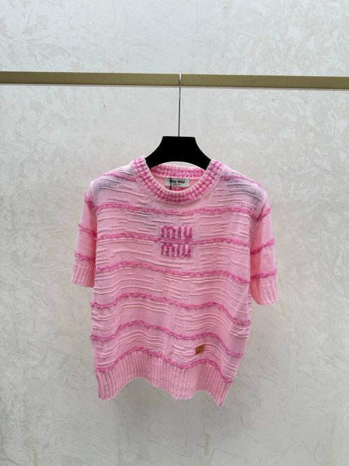 Miu Miu Spring Contrast Letter-striped Jacquard Round Neck Knit