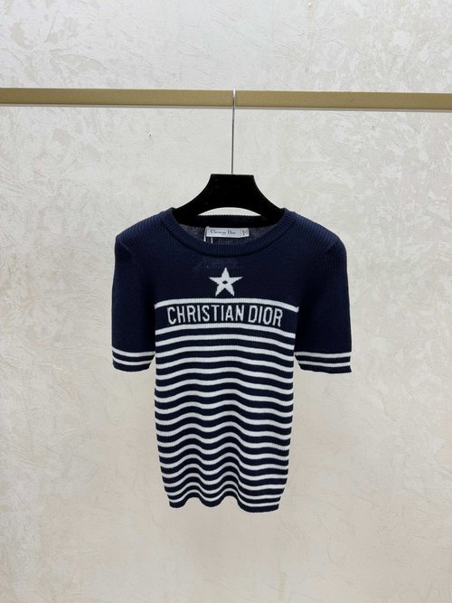 Dior Contrast Star - Letter Stripe Round Neck Knit Short Sleeve in Red & Royal Blue