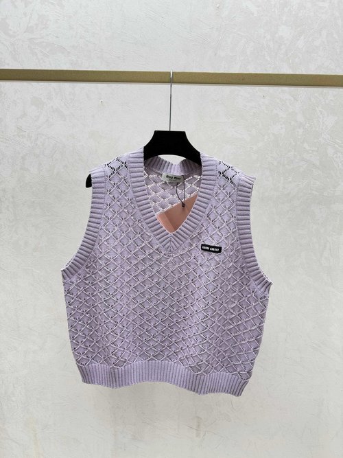 Miu Miu Solid White and Purple Hollow Diamond V Neck Knit Vest