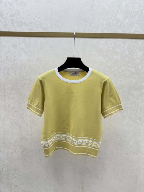 Hermes New White, Yellow and Royal Blue Color-Blocking Saddle Neck Knit Short-Sleeve