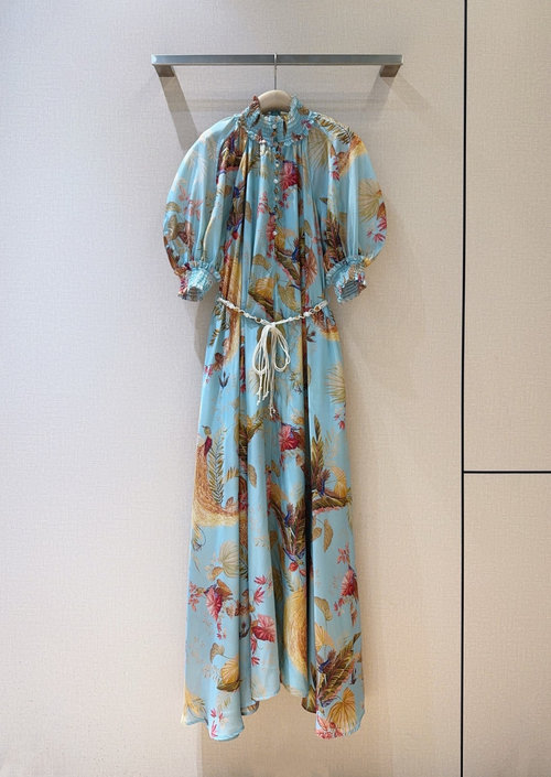 Zimmermann Water Green Palm Print Flowing Long Dress with Detachable Belt