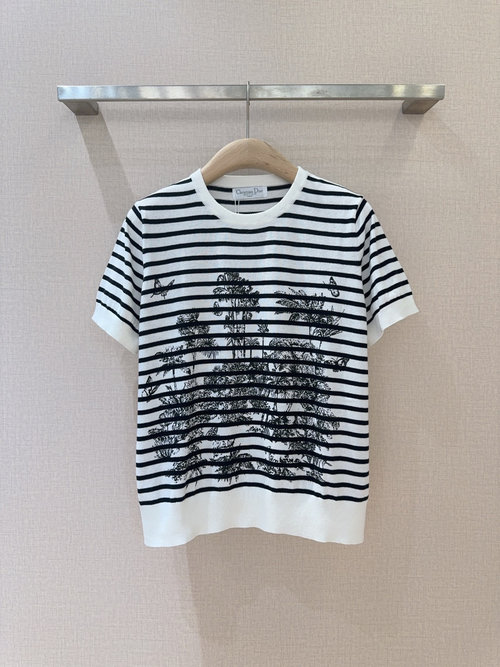 Dior Round-neck Striped Coconut Print Short-sleeve Pullover