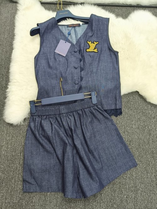 Louis Vuitton Dark Blue Sleeveless Shorts Suit with Lace and Gold Embroidery