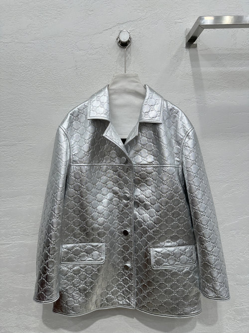 Gucci High - end Original Silver Leather Jacket Featuring an Embroidered Logo, Code - only Exchange