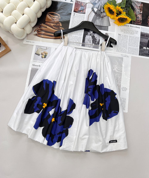 Miu Miu Letter Logo Patch Floral Print Cotton Skirt
