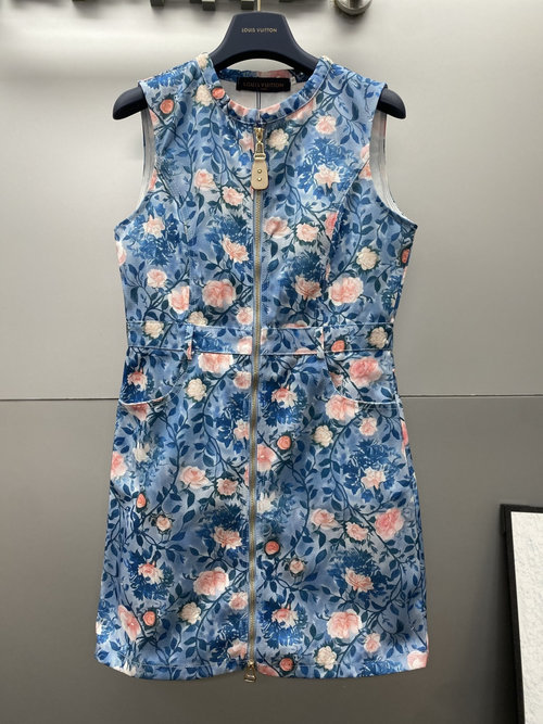 Louis Vuitton Stylish and Versatile Flower Vine Pattern Denim Dress