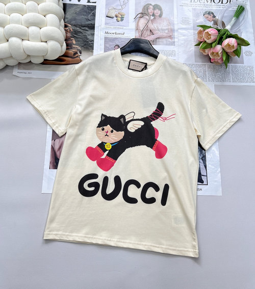 Gucci Cute Cat Print Short-sleeved T-shirt in Comfortable Fabric