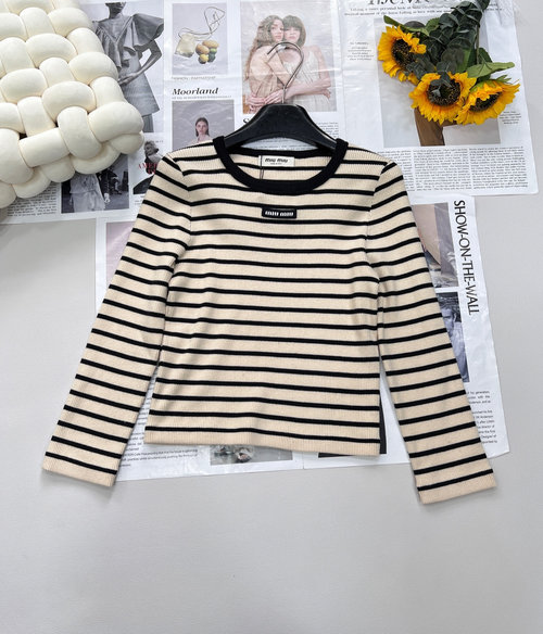 Miu Miu Letter Patch Striped Cropped Knit Top, High-End Style