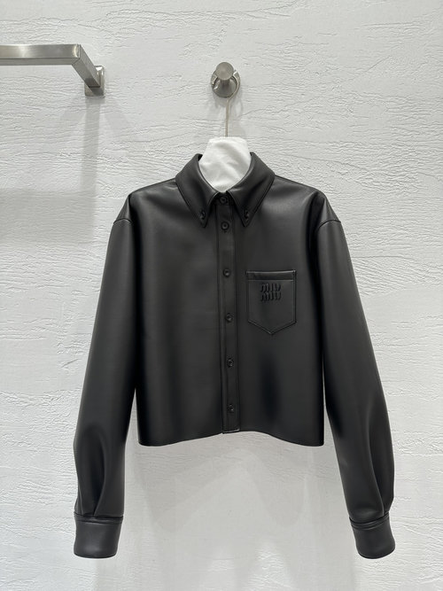 Miu Miu Miu - style Shirt - like Leather Jacket Featuring an Embroidered Logo