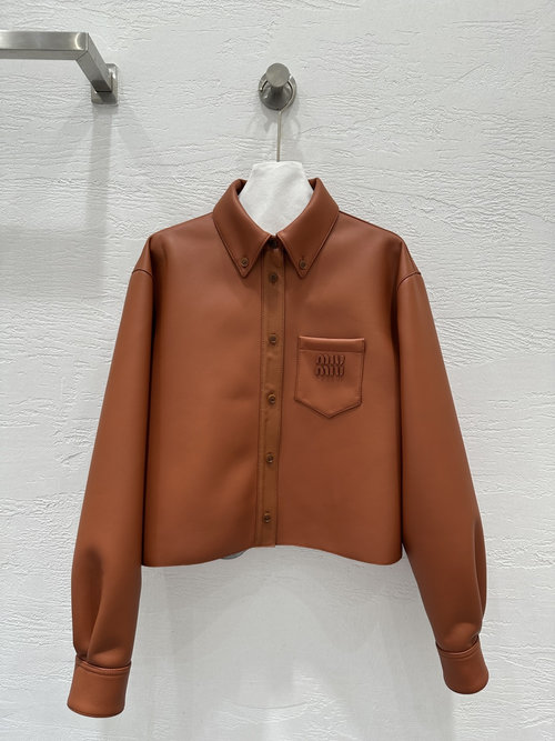 Miu Miu Miu - style Shirt - like Leather Jacket Featuring an Embroidered Logo