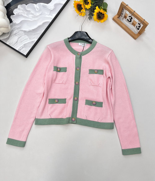 Chanel Pink-Green Contrast Knit Cardigan with Four Pockets