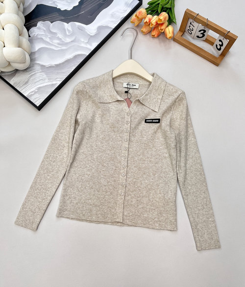Miu Miu Solid Color Collared Knit Cardigan, Embroidered Logo, Versatile Style