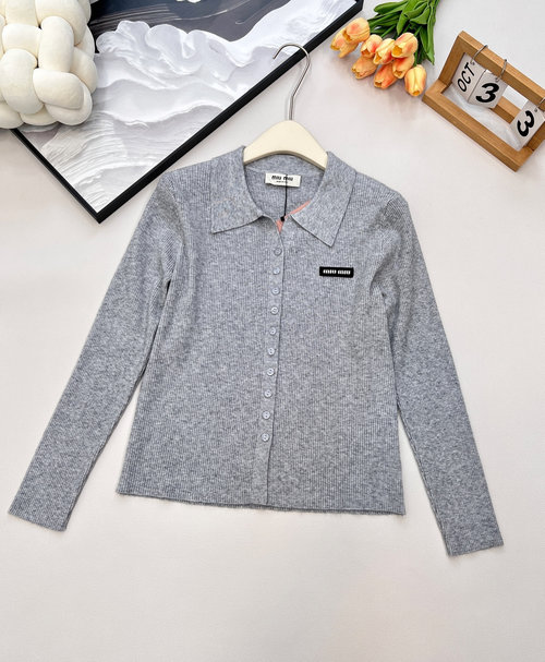 Miu Miu Solid Color Collared Knit Cardigan, Embroidered Logo, Versatile Style