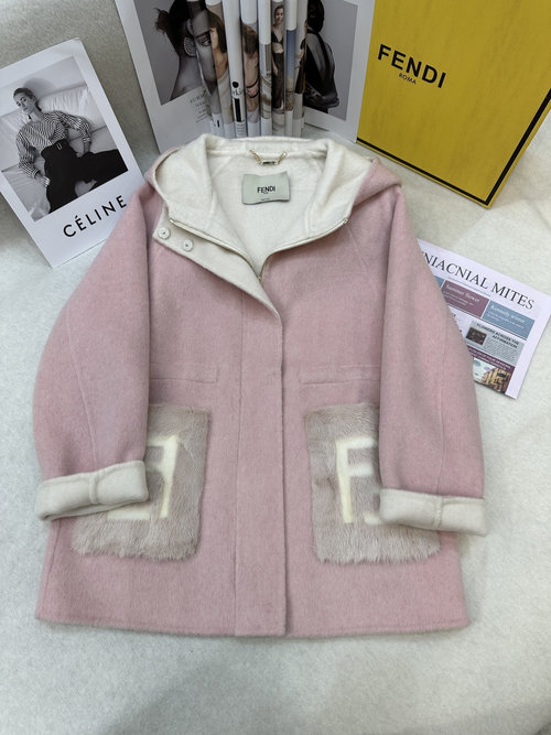 Fendi Double-sided Wool Coat with Mink Pockets, Sophisticated Design