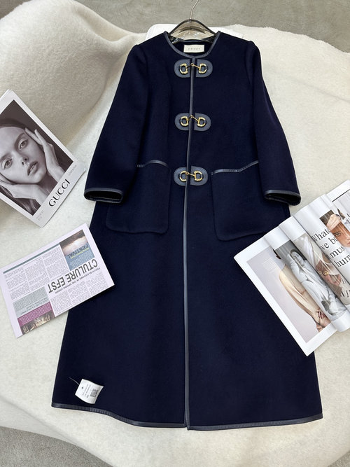 Gucci Double-Sided Wool and Leather Long Coat in Navy Blue