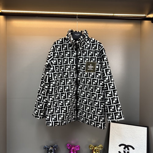 Fendi Plush Lamb Wool Coat with Double F Embroidery