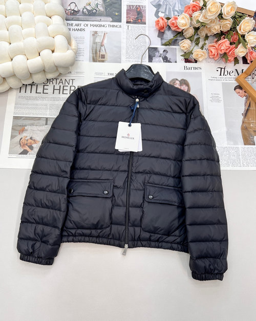 Moncler Lightweight Down Jacket with Emblem Appliqué, Water-Resistant and Cozy