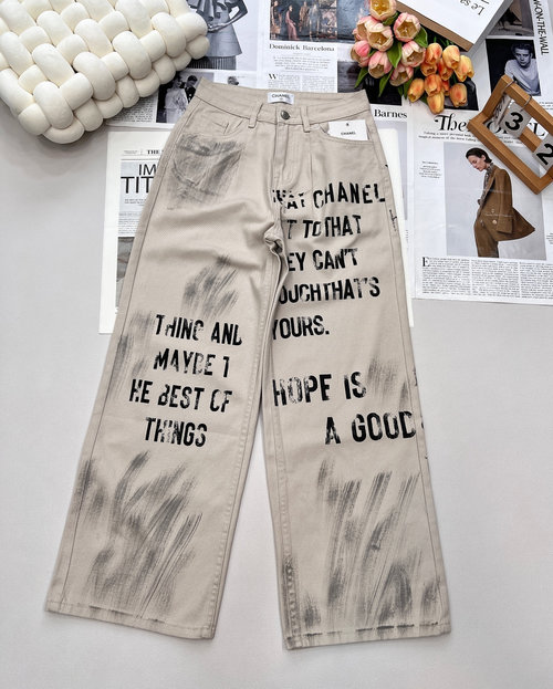 Chanel Chic Denim Straight-Leg Pants with Graffiti Elements