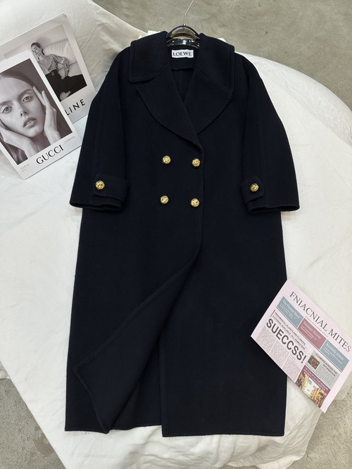 Loewe Double-Sided Cashmere Coat with Gold Buttons in Midnight Blue
