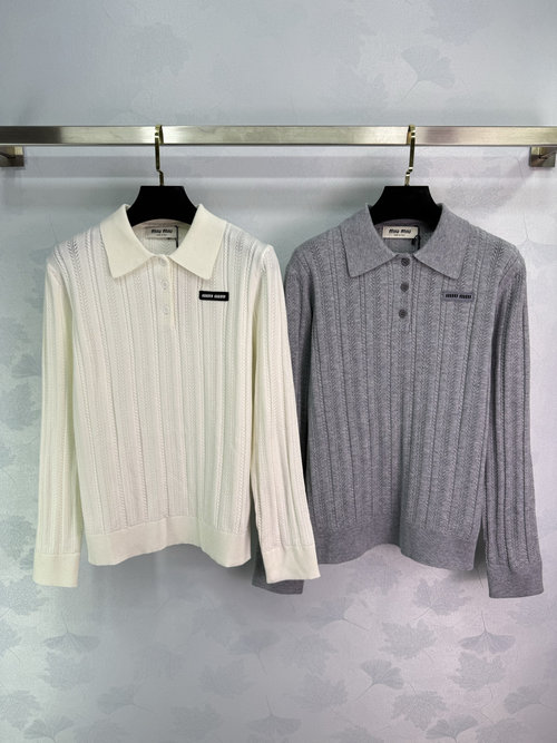 Miu Miu Polo Collar Long-Sleeve Knit Top with Logo, Elegant and Luxurious