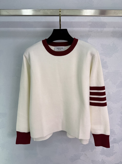 Thom Browne Color-Block Round Neck Knit Top with Striped Sleeves, Timeless Look