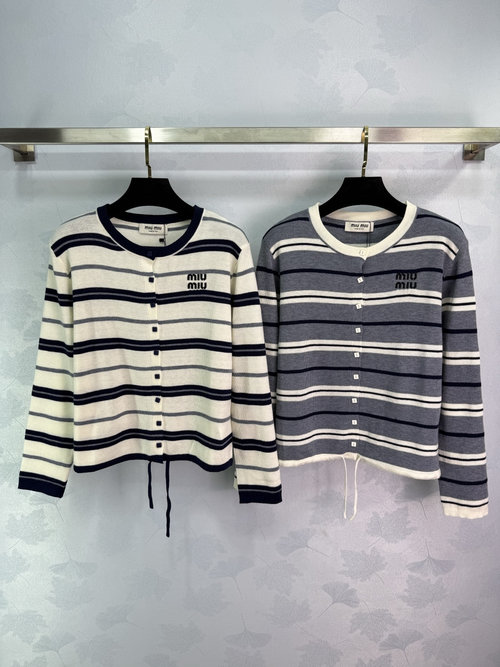 Miu Miu Color Block Striped Knit Cardigan with Logo Embroidery, Regular Fit