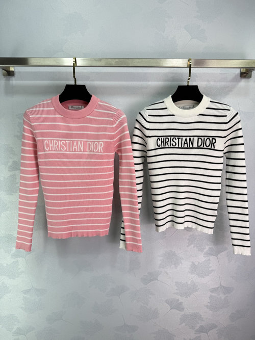 Dior Round Neck Striped Knit Long Sleeve with Logo Jacquard, Soft and Slimming
