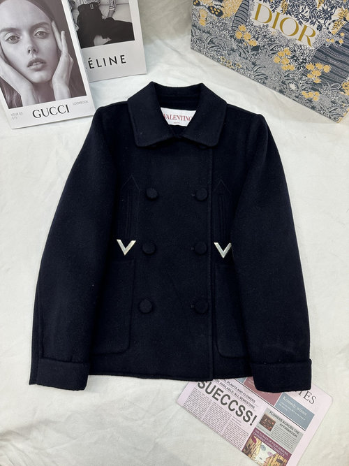 Valentino Double-Faced Cashmere Cropped Coat with Golden V Buckle Design