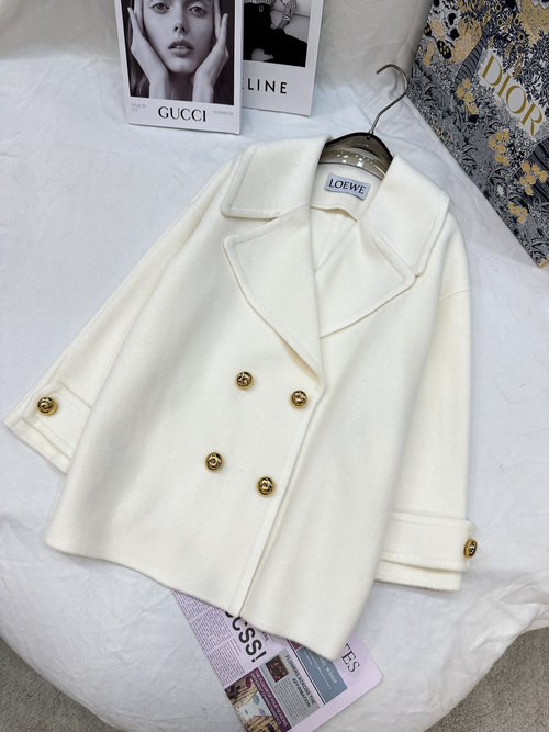 Loewe Double-Sided Cashmere Mid-Length Coat with Large Turn-Down Collar and YB Logo