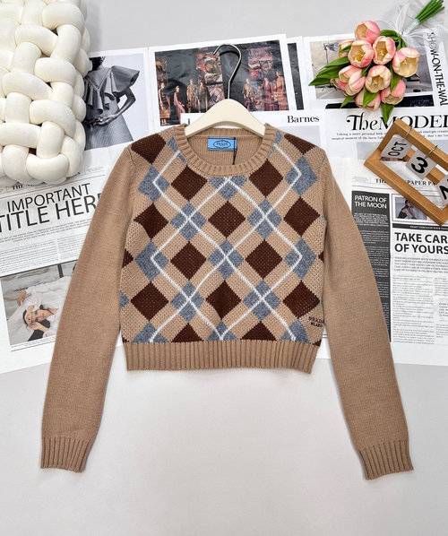 Prada Color-blocked Checked Hanging Logo Knit Sweater in Soft Wool
