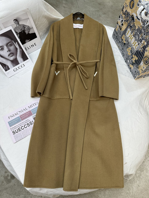 Valentino Double-Faced Cashmere Long Coat with Golden V Buckle Design