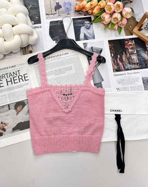 Chanel Lace-up Hollowed Knit Vest with Crystal Logo