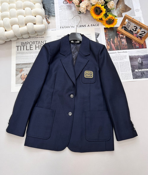 Miu Miu Vintage-inspired Long School Blazer, Custom Logo Embroidery