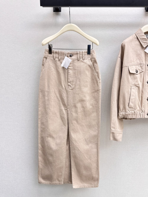 Brunello Cucinelli Distressed Pink Washable Denim Long Skirt with Minimalist Design