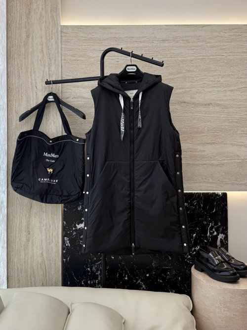 Max Mara Series Camel Hair and Silk Blend Long Vest in Black, Brown & Blue