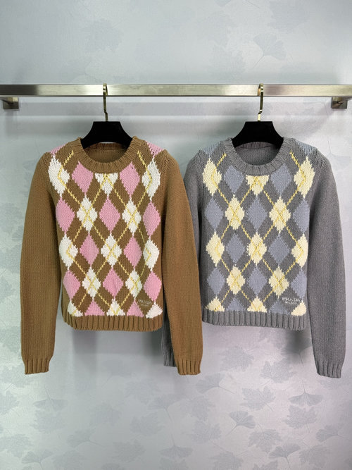 Prada Customized Wool Knit Pullover with Multicolor Checkered Patterns and Logo