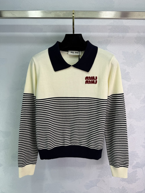 Miu Miu Stripe Knit Long Sleeve with Red Embroidery for a Sophisticated Look