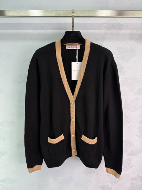 Valentino Black Knit Cardigan with Gold Heart Buttons, Stylish Design