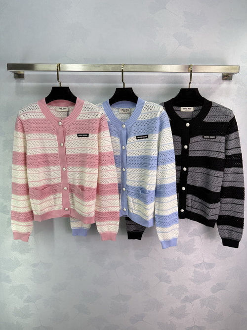 Miu Miu Striped Knit Cardigan with Hollow Knit Craft, Round Neck, Soft Fabric